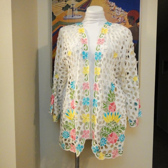 International Apparel Mart Floral Jacket Beach Cover Up White 1X - Picture 1 of 14